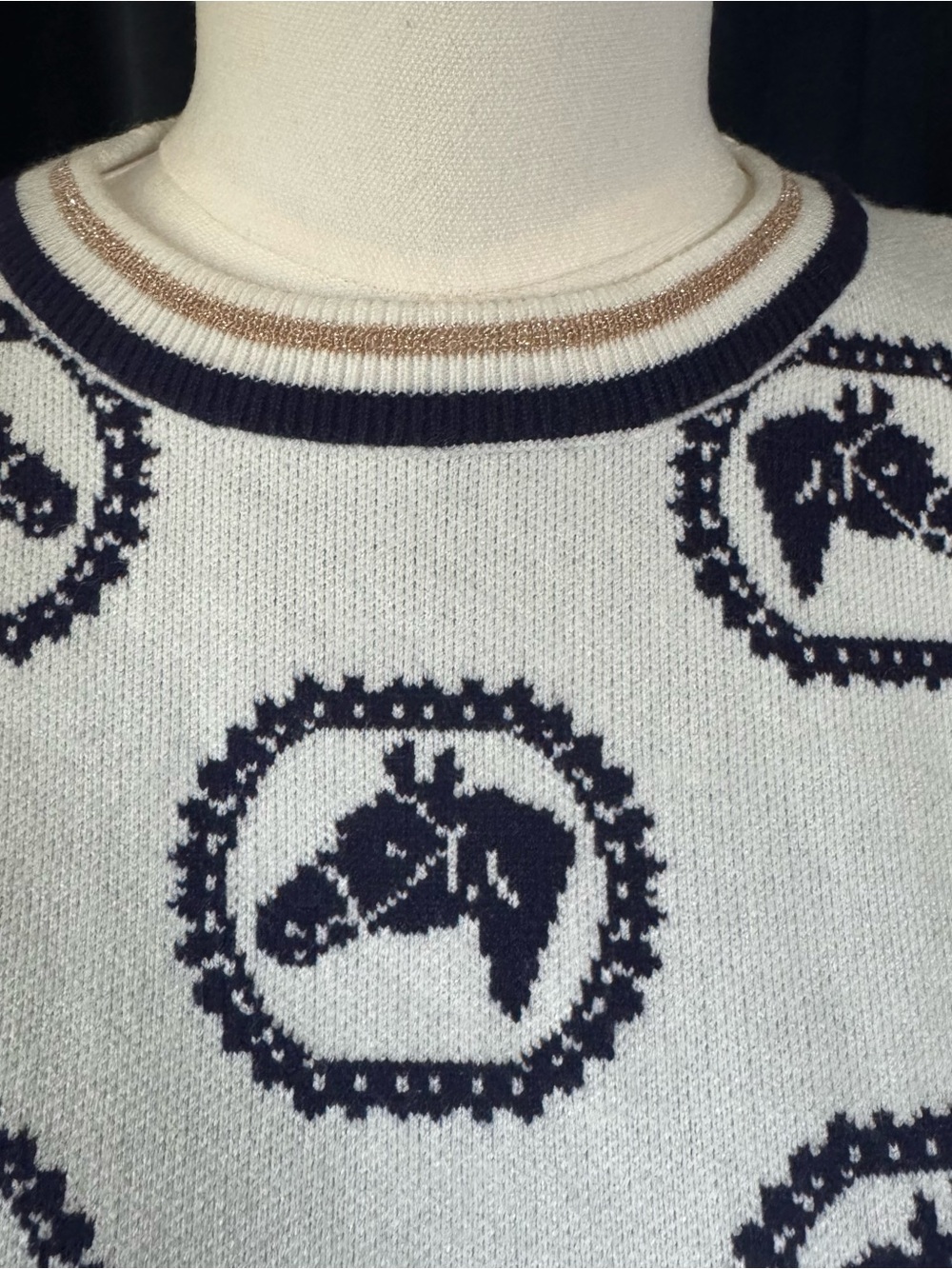 THML Navy Stallion Horse Sweater White Metallic Gold Trim - Picture 2 of 10